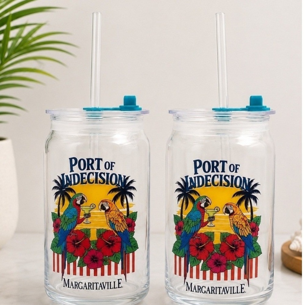 🦜Margaritaville Port of Indecision Glass Sipper Set of 2 with Lids Straws 16oz